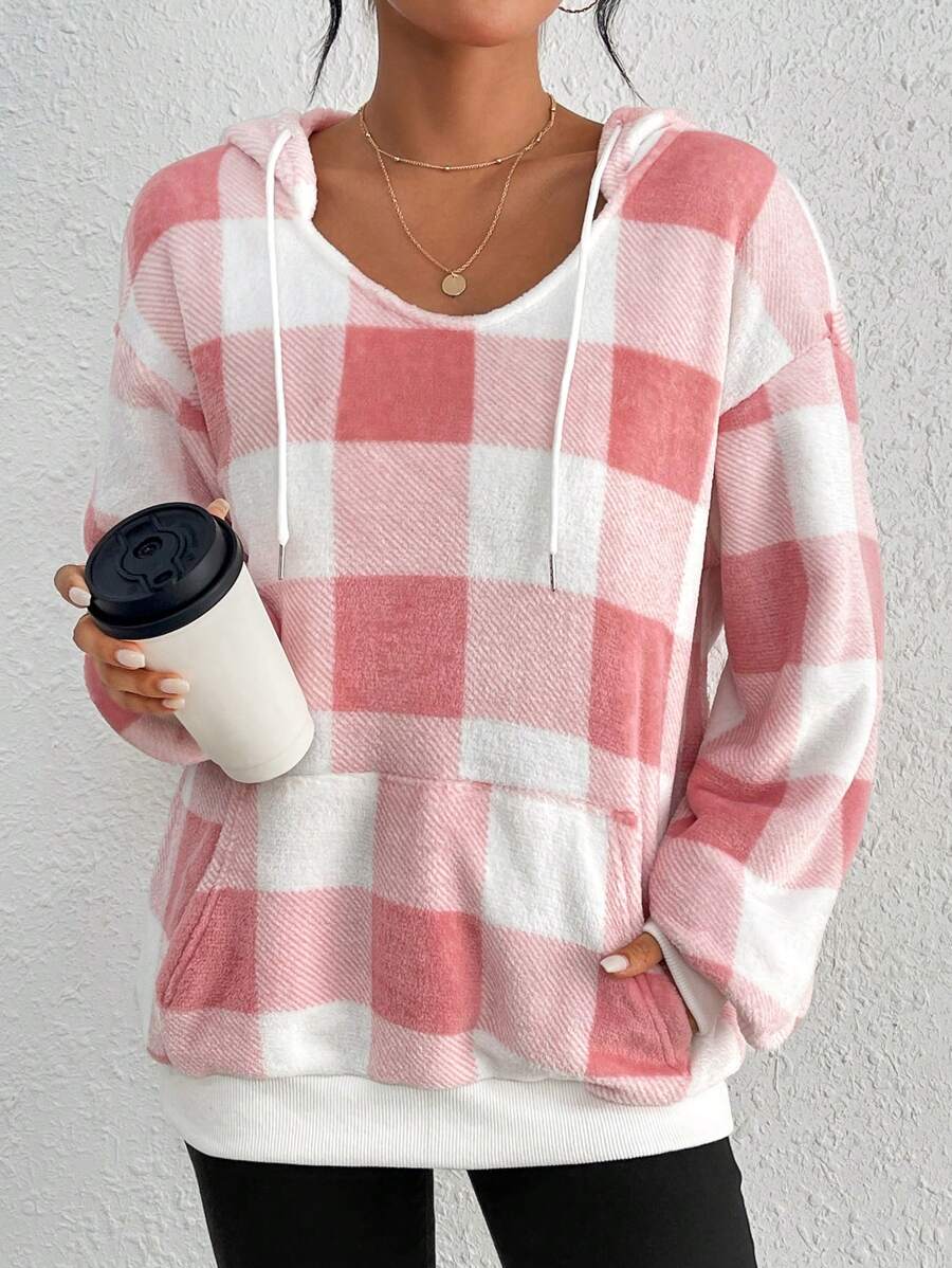 SHEIN Essnce Của phụ nữ Checkered Hoodie Với Sang trọng Lót - Màu Hồng baby - Xem 1