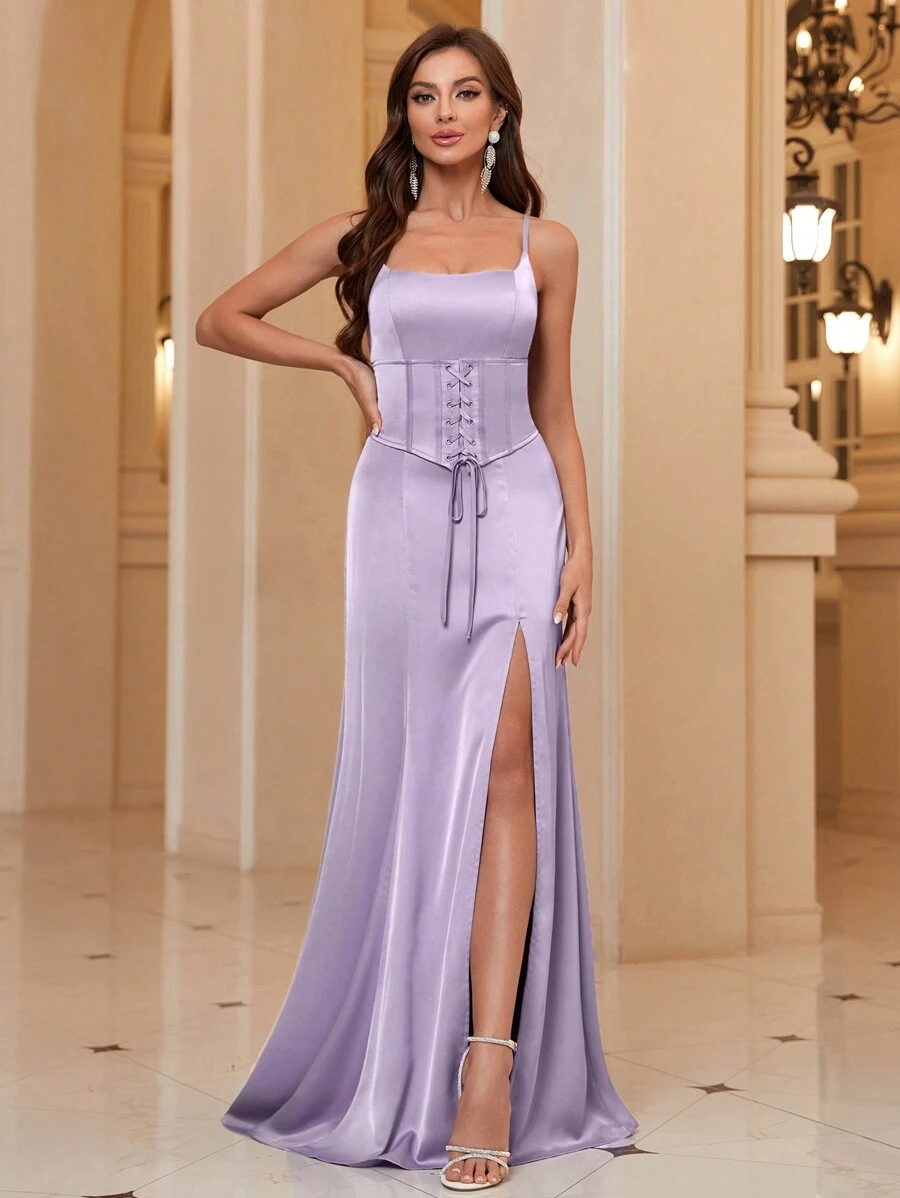 SHEIN Belle Của phụ nữ Halter Neck Lỗ Thắt lưng Tối Chính thức Váy Dây - Màu tím hoa cà - Xem 1