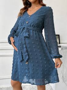 SHEIN Rochie De Maternitate Eleganta Decolteata Cu Cravata In Talie - Albastru - Vizualizare 4