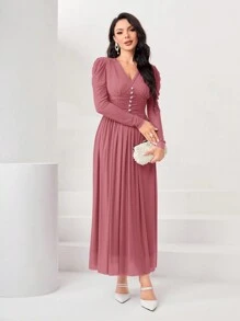 Modelyn Solid Color Pleated Leg-Of-Mutton Sleeve Ladies' Dress Long Evening Dresses - Pink - View 5