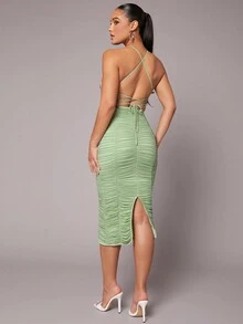 Hauture 满身褶饰甜心露背紧身挂脖连衣裙 - 薄荷綠 - 查看 2