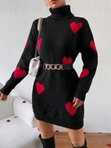 Chiquease 休閒女士心形圖案高領針織連衣裙
