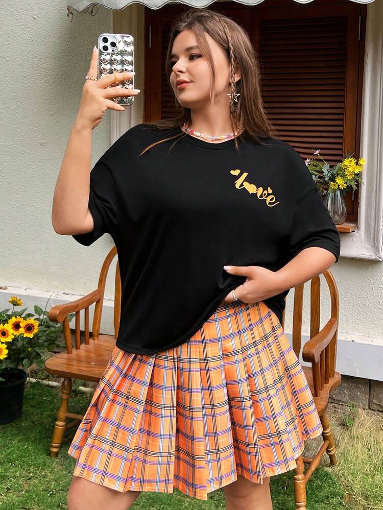 Plus Size Women'S Letter Printed Short Sleeve Two Piece Set