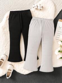 SHEIN Young Girl Black/Grey Elastic Solid Color Flared Leggings - Multicolor - View 2