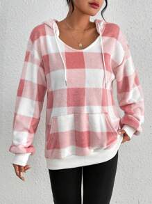 SHEIN Essnce Của phụ nữ Checkered Hoodie Với Sang trọng Lót - Màu Hồng baby - Xem 6