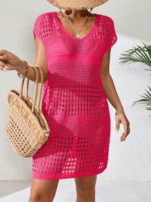 Breezaya Ladies' Hollow Out Batwing Short Sleeve Cover Up Dress Summer - Hot Pink - View 5