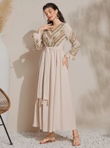 Al Najma Robe imprimée géométrique à manches longues pour femmes, robe Eid, modeste