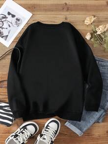SHEIN EZwear Women's Loose Fit Drop Shoulder Sweatshirt With Letter Print - Black - View 2