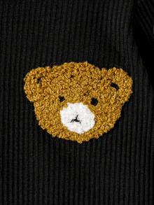 嬰兒和兒童休閒用肋紋針織可愛熊刺繡圖案連身衣,適用於春季、秋季和冬季 - 黑色 - 查看 5