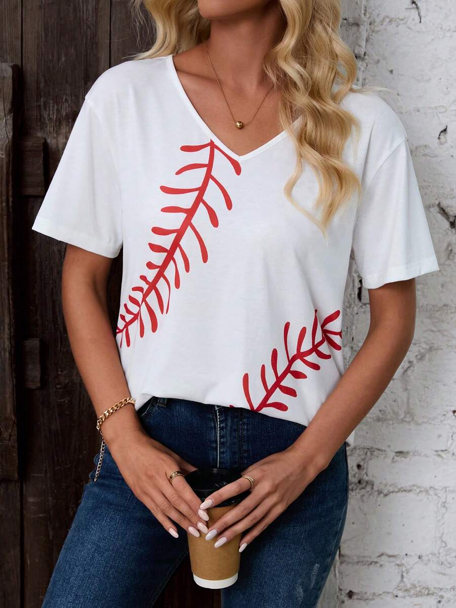 SHEIN LUNE Solid V Neck Tee Short Sleeves Curved Hem Tee - White - View 1