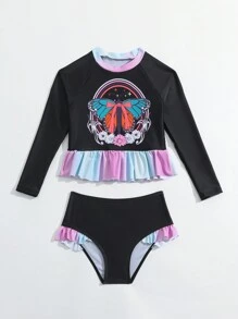 幼儿女孩卡通印花长袖防晒分体泳衣套装 - 彩色 - 查看 3