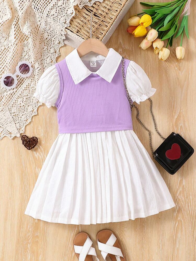 Young Girl Puff Short Sleeve Dress With Top 2pcs/Set