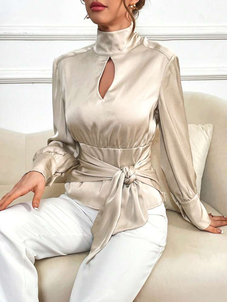 Women'S Satin High-Necked Long-Sleeved Shirt For Commuting, Inner Wear With Waistband And Collar Bonding