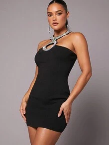Hauture Vestido Ajustado Con Cuello Del Collar Del Rhinestone - Negro - Ver 4