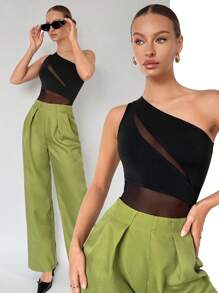 Maija Women's Mesh Splice Asymmetric Collar Bodysuit