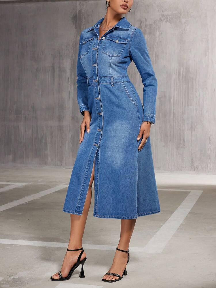 Women'S Shirt Collar Denim Dress
