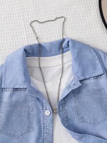 SHEIN Young Boy 2pcs/Set Everyday Casual Comfortable Short Sleeve Jacket & Shorts, Sun-Like & Handsome Design, Suitable For Spring And Autumn - Blue - View 4