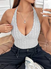 SHEIN EZwear Grey Knitted Bodysuit With Ribbed Texture And Halter Neck - Grey - View 5