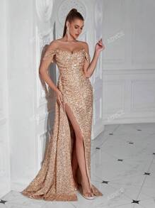 ADYCE Vestido largo de cóctel, fiesta, bienvenida, baile de graduación, cena elegante con abertura alta, plisado, lentejuelas, cinta fluida, elegante y formal para invitada de boda