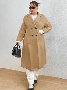 Flirla Plus Size Women's Double Breasted Mid-Length Woolen Coat - Khaki - View 5