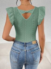 SHEIN Privé Women's Short Flutter Sleeve V-Neck Bodysuit - Green - View 1