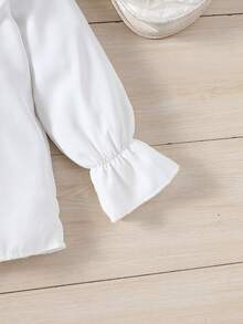 SHEIN 少女波浪邊蝴蝶結前開扣襯衫,適用於春秋季 - 白色 - 查看 4