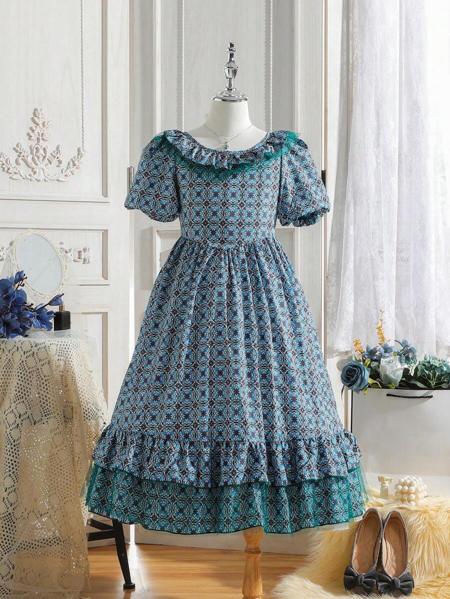 Tween Girl Printed Puff Sleeve Ruffle Hem Dress