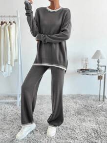 SHEIN LUNE Women's Two Piece Color Block Knitted Sweater Outfit With Edging Decoration - Multicolor - View 6