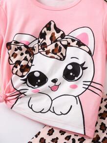 SHEIN Young Girl Cartoon Cat Print Top And Leopard Print Pants Set, 2pcs - Multicolor - View 5