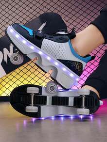 Patines de cuatro ruedas grandes para niños con estabilidad mejorada, ruedas semiautomáticas plegables y retráctiles, barra de luz LED recargable con múltiples modos, zapatos deportivos de doble uso para caminar y correr, adecuados para primavera y otoño - Multicolor - Ver 1