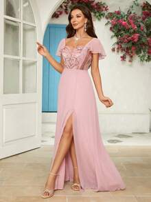 [Non Position Print] Elegant Chiffon Dress - Pink - View 4