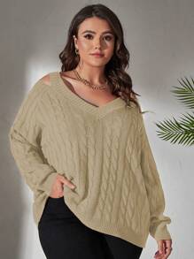 SHEIN LUNE Plus-Size Women's Solid Color Cold-Shoulder Pullover Sweater Knit Pullover Fall Winter - Apricot - View 3