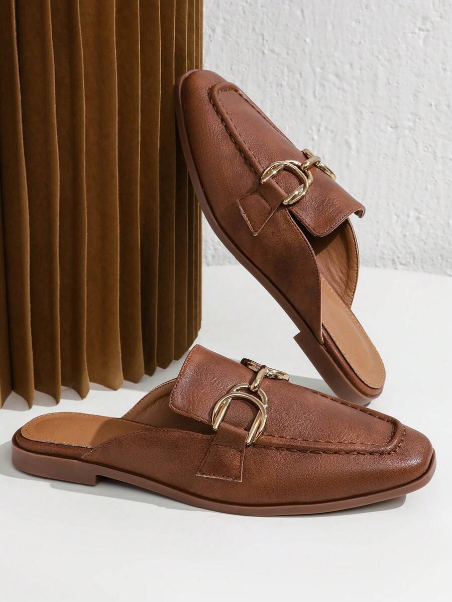 Fall/Winter Vintage British Style Slip-On Loafers Women'S Shoes, Comfortable Soft Leather Flat Shoes, Simple Design,Mule