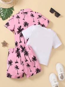 SHEIN 3 Stücke/set Kurzarm Hemd Für Jungen Mit Kokospalmen-muster, Locker Sitzendes T-shirt Und Shorts, Geeignet Für Freizeit- Und Urlaubsstil
