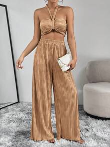Firerie Women'S Pleated Halter Top And Trouser Set - Khaki - View 6