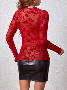 SHEIN Privé Women's Lettuce-Trim Plush Mesh Top - Red - View 2