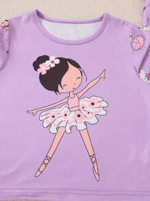 Genkimix Kids Young Girl Cartoon Printed Long Sleeve Pajama Set With Pants - Purple - View 5