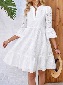 EMERY ROSE Women's White Hollow Embroidered Notch Collar Multi-Layer Split A-Hem Dress For Spring