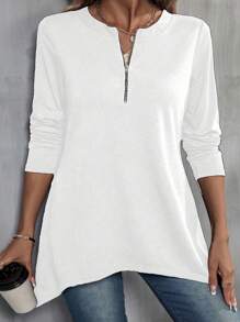 SHEIN LUNE 女性加大一碼半拉鍊v領長袖t卹 - 白色 - 查看 1