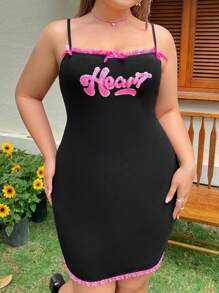SHEIN Qutie Plus Size Women'S Letter Printed Cami Dress - Black - View 4
