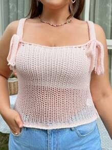 SHEIN Qutie Plus Size Hollow Out Knitted Camisole Top - Baby Pink - View 3