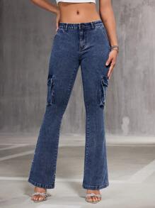 SHEIN BAE 女士貨櫃風口袋喇叭褲 - 藍色 - 查看 3