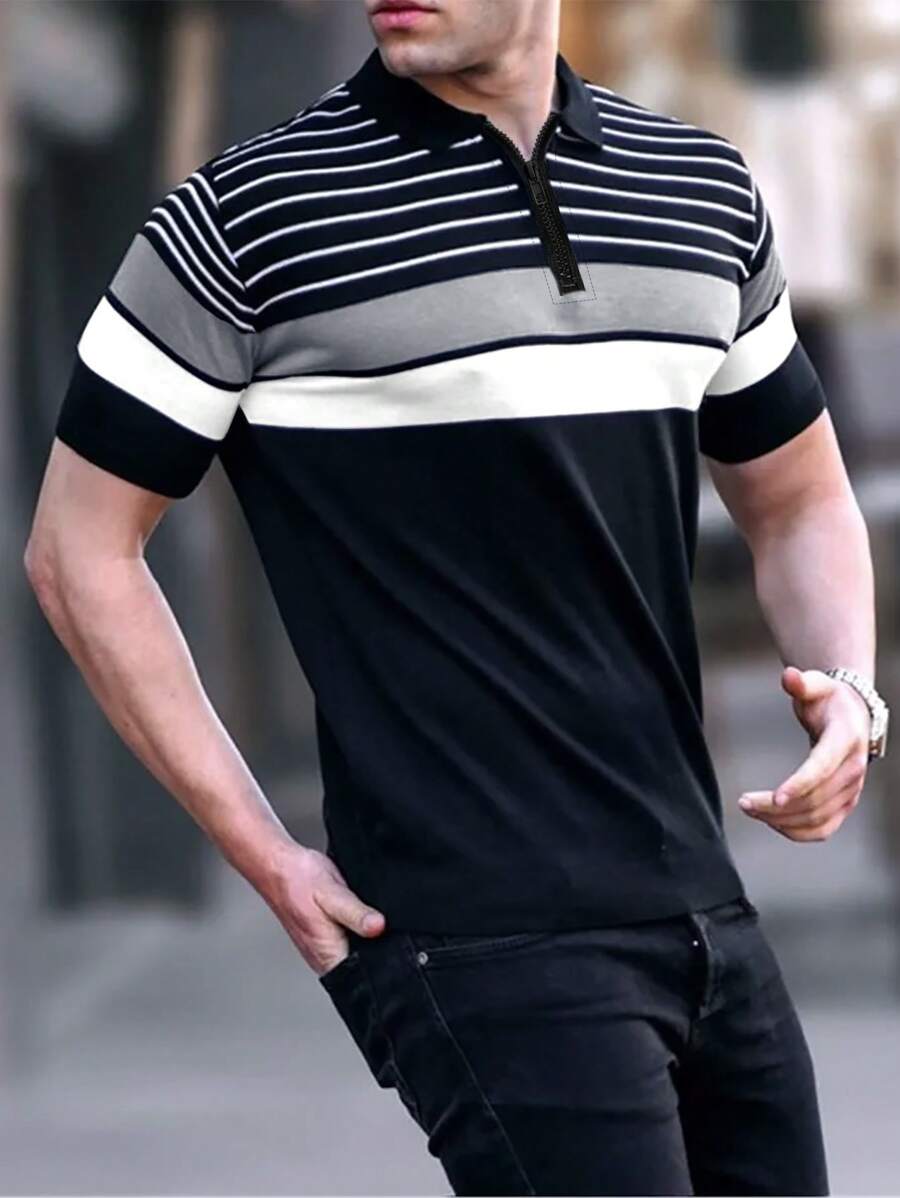 Manfinity Homme 男條紋短袖 Polo 衫 - 黑色 - 查看 1