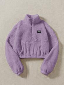 SHEIN EZwear Half-Zipper Kangaroo Pocket Teddy Sweatshirt With Drawstring,Long Sleeve Tops
