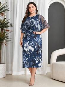 Modelyn Plus Size Floral Printed Patchwork Cape Dress - Multicolor - View 6
