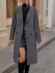 SHEIN LUNE Plaid Notched Lapel Double-Breasted Woolen Coat - Apricot - View 1