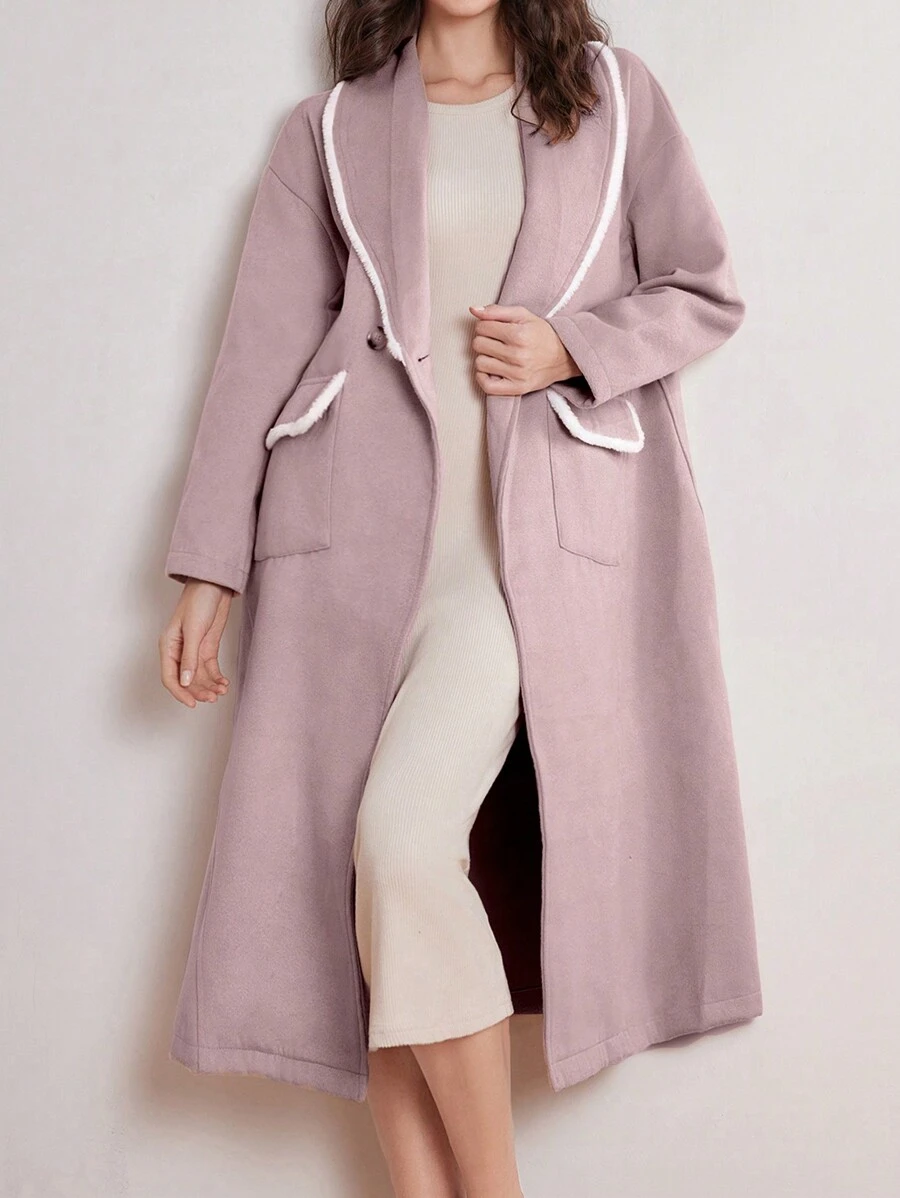 Seusyu Contrast Trim Double Button Overcoat In Fall/Winter - Baby Pink - View 1
