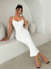 SHEIN SXY Vestido De Mujer Con Cuello Halter Descubierto Y De Un Solo Color Para El Día De San Valentín, Una Primera Cita, Ropa De Primavera Para Mujeres, Vestido De Cumpleaños, Traje De Fiesta De Soltera, Vestido De Cóctel, Vestido Corto De Noche - Blanco - Ver 5