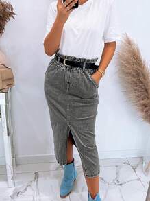 Side Split Straight Pencil Skirt - Grey - View 6