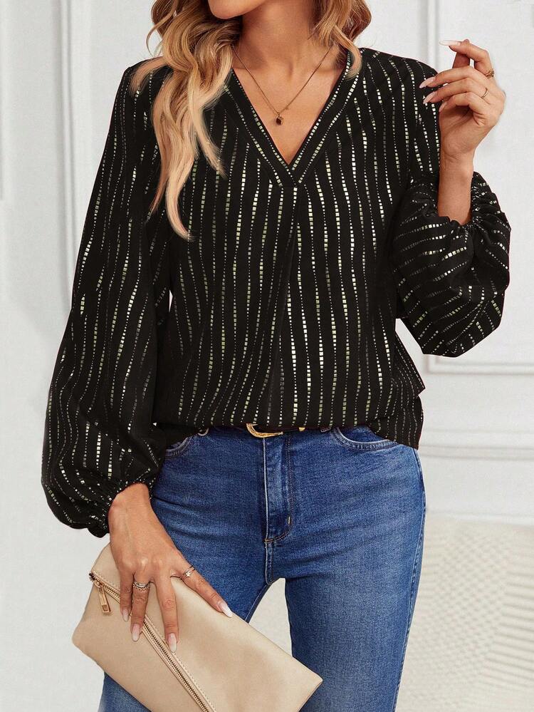 V-Neck Lantern Sleeve Casual Blouse